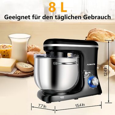 Кухонна машина AUMATE 1400W, 8 л, з міксером, гаком для тіста та вінчиком, 6 швидкостей, чорний колір