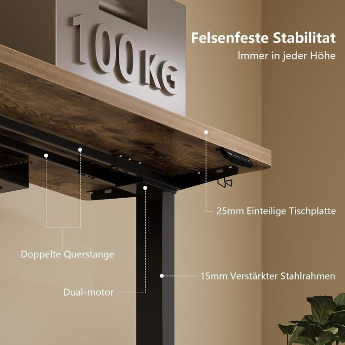 Регульований стіл, 180x80 см, електричний стоячий стіл з двома моторами, сенсорна панель, USB-A, кабелеуправління, стільниця 25 мм, ергономічний офісний стіл, білий (180 x 80 см, коричневий)