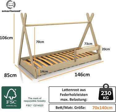 Дерев'яне ліжко-дитяча кімната Smartwood Hausbett: Монтессорі Тіпі з сосни з сертифікатом FSC, захист від падіння та ламелі до 230 кг, для хлопчиків та дівчаток, проста збірка (70x140, білий)