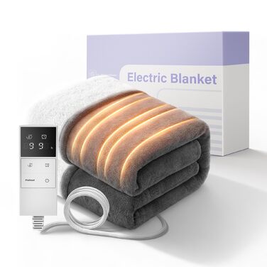 Електрична ковдра з автовимкненням та 9 зон нагріву 200x180 см, таймер 1-9 год з функцією пам'яті, швидкий нагрів та рівномірний розподіл тепла, двостороння фланель та штучне хутро