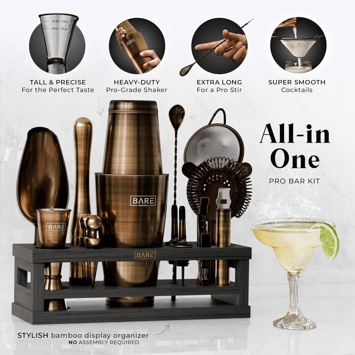 Набір бармена BARE BARREL® Mixology: 16 предметів для приготування коктейлів | Шейкер Boston, Martini, мірні інструменти | 35 рецептів | Подарунок