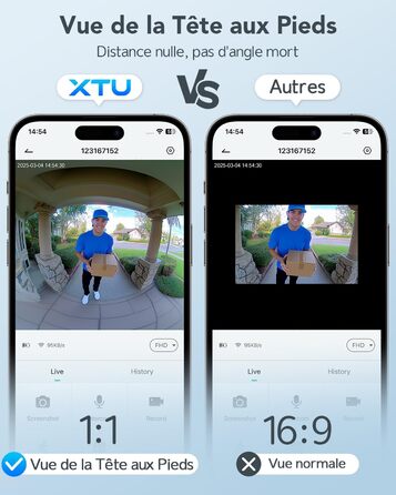 Відеодзвінок XTU з Wi-Fi та камерою, 2K UHD, 180° огляд, PIR-датчик руху, нічне бачення, двосторонній аудіо, підтримка SD-карти/хмарного сховища, сумісний з Alexa, чорний
