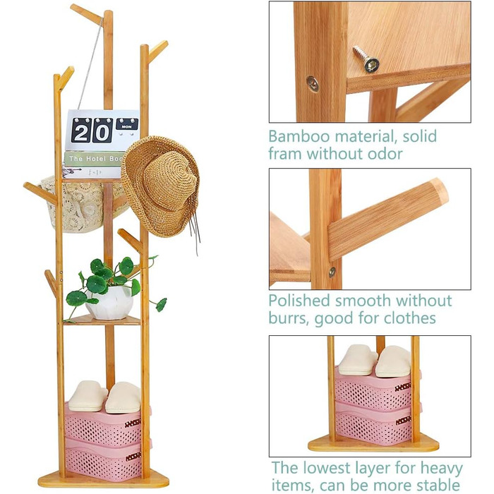 Стенд для одягу Unho з бамбука, 8 гачків, 3 полиці, для прихожей, офісу, спальні, кімнати очікування, для одягу, капелюхів, сумок