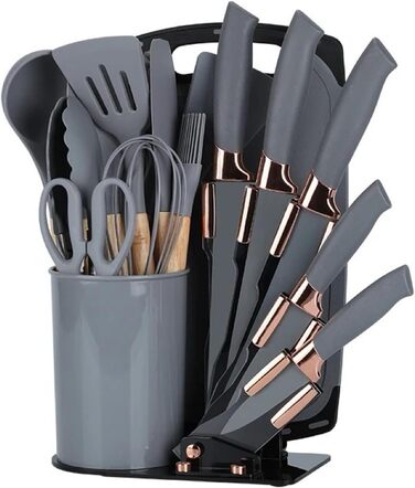 Набір кухонних ножів 19 в 1 з бруском, аксесуари для кухні та набір ножів, включає силіконовий набір кухонного інвентарю, 5 штук гострих ножів з нержавіючої сталі, ножиці та дошку для нарізання (сірий)