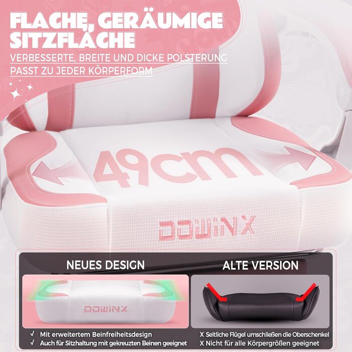 Ігровий крісло Dowinx з підніжкою, комфортний геймерський крісло для ПК, рожево-білий, для дорослих