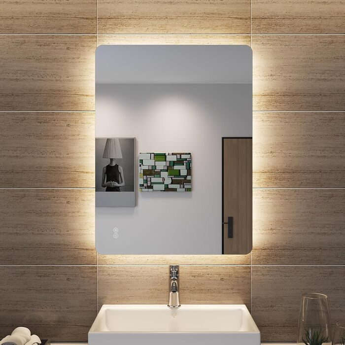 Дзеркало для ванної кімнати SONNI LED з підсвічуванням 50x70 см, сенсорне управління, 3 кольори світла, проти запотівання, функція пам'яті, білий