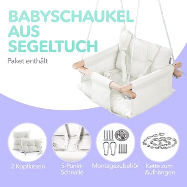 Дерев'яна гойдалка для малюків Cateam - ідеальна для дому та саду. З безпечним ремінцем, від 12 місяців. Елегантно-кремовий колір.