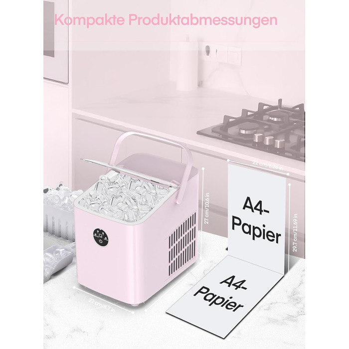 Льодогенератор Fohere 14 кг/24 год, рожевий: швидке виробництво льоду (5 хв), 2 розміри кулеподібного льоду, самоочищення, з ручкою та лопаткою для льоду