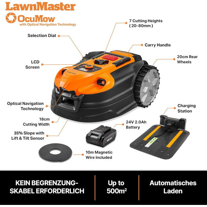 Газонокосарка-робот LawnMaster VBRM18AMIDR без обмежувального дроту для газонів до 500 м², акумулятор 2Ah, оптична навігація, уникнення перешкод, автоматична зарядна станція, функція заборонених зон, WiFi і Bluetooth керування через додаток