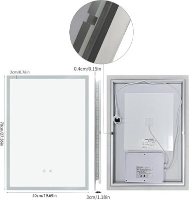 Дзеркало для ванної кімнати LUVODI з підсвічуванням 40x50 см: регульоване LED дзеркало з 3 кольорами світла, 2 сенсорні кнопки, запобігає запотіванню, водонепроникне, монтаж на стіну (70L x 50B см)