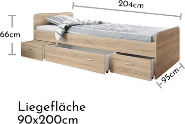 Сучасне односпальне ліжко Boro з 3 ящиками 90 x 200 см - Практичне двоярусне ліжко для молодіжної кімнати - (W/H/D) (95 x 66 x 204 см, дуб Sonoma)