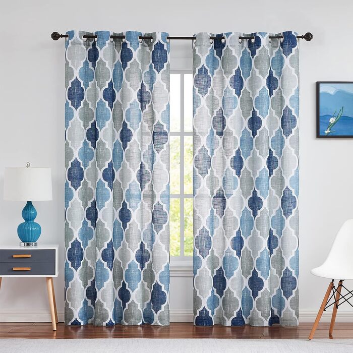 Штори Beauoop Blue Grey Voile, лляний вигляд, ромбоподібний візерунок, комплект з 2 шт. , 127x245см, напівпрозорі