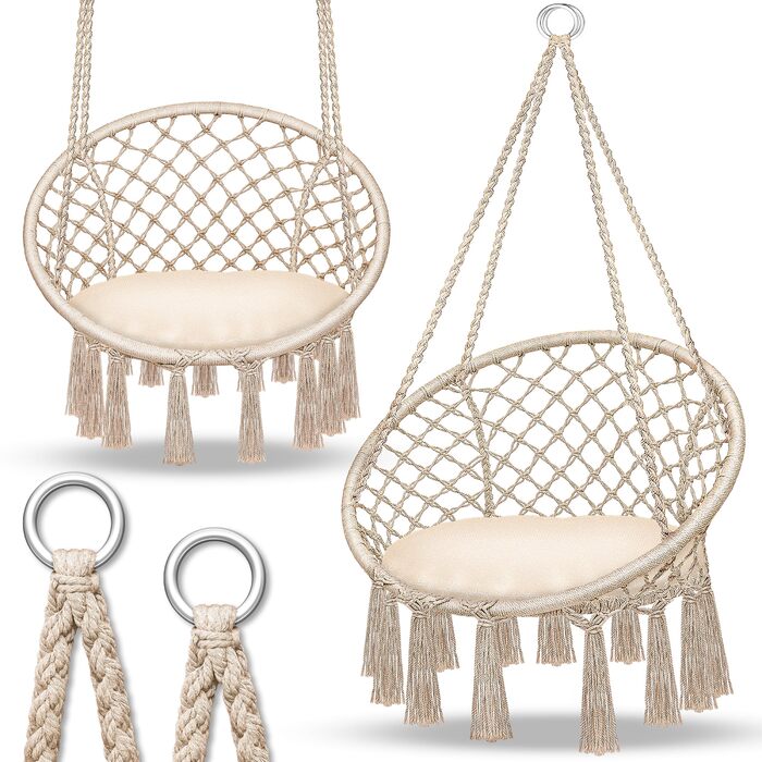 Крісло-гойдалка Tillvex для дому та саду | Міцний плетений гамак на 200 кг | З подушкою, бежевий | Для відпочинку на свіжому повітрі