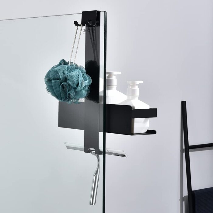 Підвісна поличка для душу з нержавіючої сталі, чорна матова, з гачками для скляних душових кабін, H30BN-1DH (1 відділення)