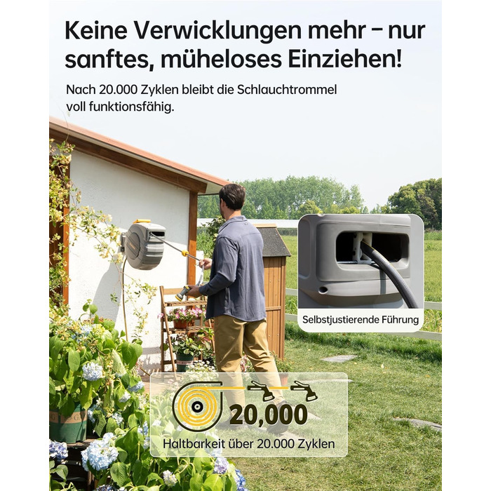 Шланговий барабан GLAHODEN з садовим шлангом 40 м + 2 м, стійкий до сонця та морозу, поворотний на 180°, настінна шланговий бокс з 9-функціональною розпилювальною насадкою