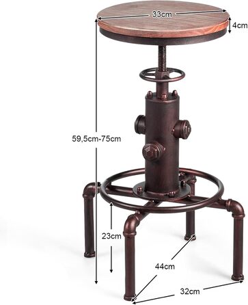 Барний стілець COSTWAY з регулюванням висоти, 59,5-75 см, дерево/метал, вінтажний промисловий дизайн