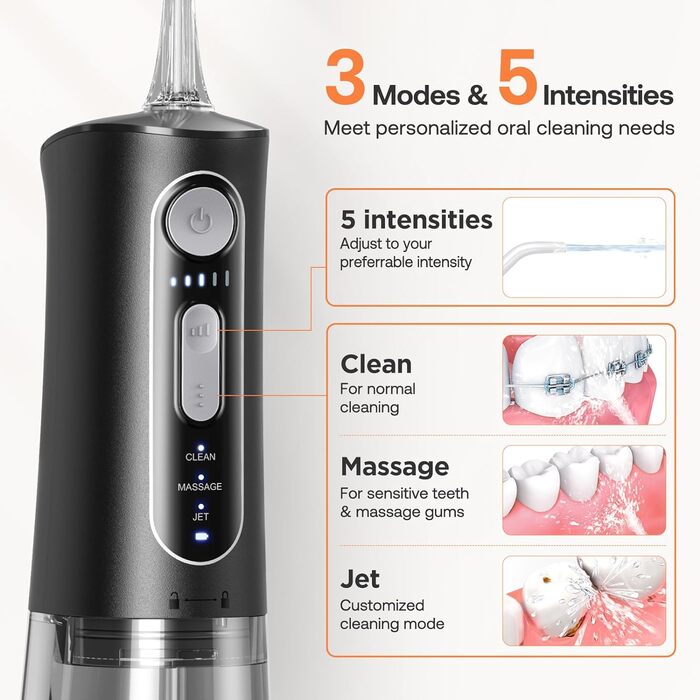 Набір для гігієни порожнини рота Bitvae: мундштук та електрична зубна щітка, 3 режими, 5 рівнів тиску, бездротовий, з 4 насадками для щітки та 4 насадками для мундштука, чорний