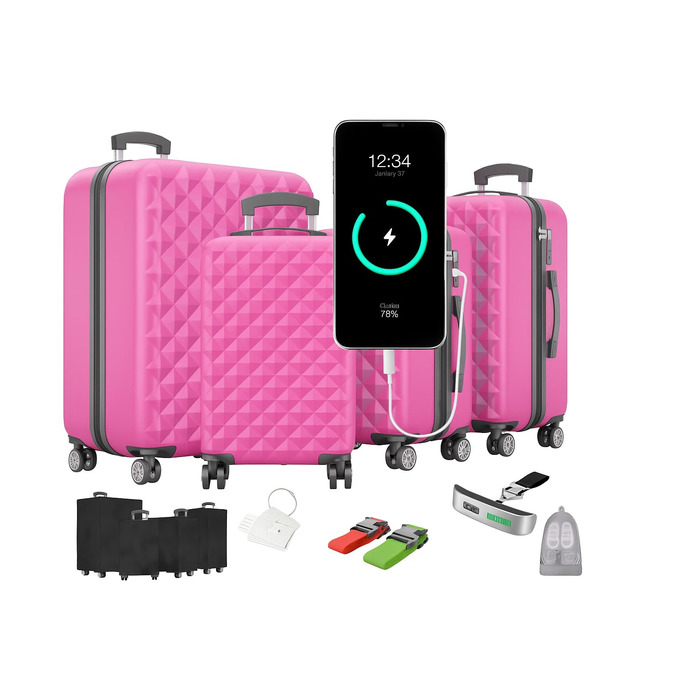 Набір валіз Onbest Premium 4-в-1 з жорстким корпусом, TSA-замком та USB-портом. В комплекті: ваги, ремені, адресники, тримач для напоїв, чохол для взуття та чотири чохли від пилу. Рожевий колір.