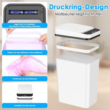 Набір з 2 автоматичних сміттєвих баків з датчиком, 12 л, електричний, 3 режими роботи, тихий, водонепроникний, інтелектуальний, для кухні, офісу, вітальні, ванної кімнати