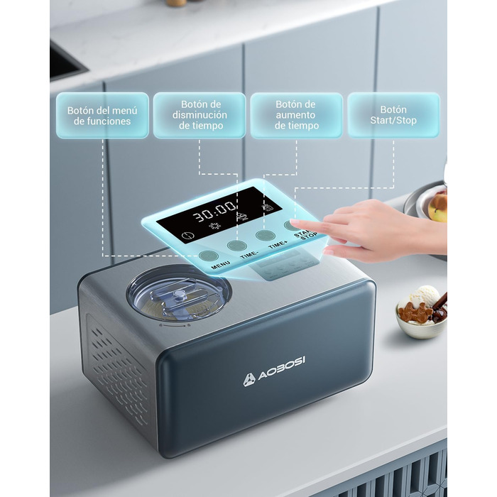 AOBOSI 2L автоматична морозивниця з компресором, 4 режими, LCD-дисплей, довговічна охолоджувальна система, для м'якого морозива та напоїв