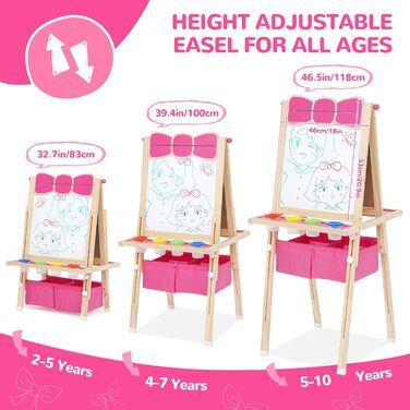 Дерев'яна мольберт Kinder Tafel з паперовою рулонкою, регульована висота, рожевий колір, двосторонній (whiteboard та дошка)