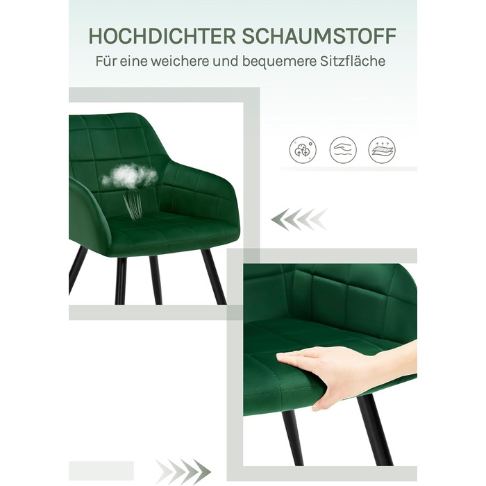Крісла для їдальні WOLTU, крісла для кухні, м'які крісла з підлокітниками, 8 шт., темно-зелений, з велюровою оббивкою та металевими ніжками