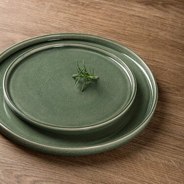 Сервіз GBHOME 4 шт. з кераміки, круглі тарілки та миски з реактивним склом, надзвичайно стійкий до сколів та тріщин, придатний для миття в посудомийній машині та використання в мікрохвильовій печі, матовий чорний оливковий зелений (12 шт.), Сервіз для 4 (