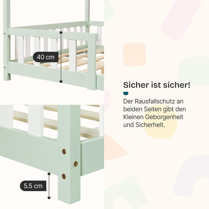 Дитяче ліжко Sisimiut Hausbett Montessori від en.casa з бар'єром безпеки. Дерев'яне ліжко для дітей, ліжко-платформа, сосна, світло-сірий/білий, 140 x 200 см (без матрацу)