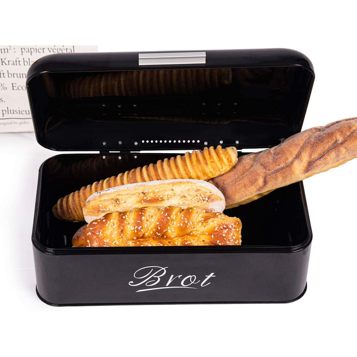 Хлібниця Тео і Клео з кришкою, велика металева коробка для хрусткого хліба, Коробка для зберігання хліба Хлібниця, хліб і печиво для тривалого зберігання і зберігання в сухому стані, Ретро дизайн (чорний-31 см) (чорний-43 см)