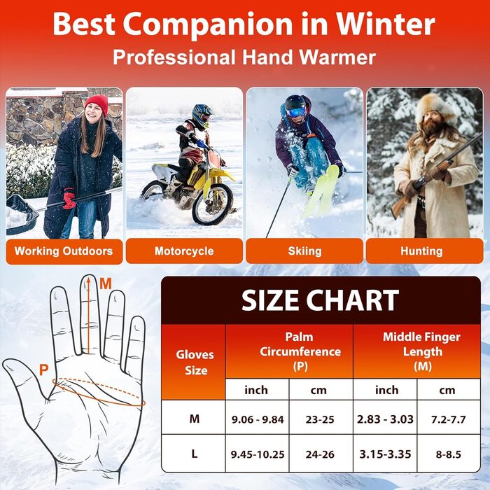 Гріючі рукавички з акумулятором 7.4V 6400mAh USB, 3 режими нагріву, водонепроникні рукавички з підігрівом для зимових видів спорту, катання на лижах, мотоциклі, велосипеді та піших прогулянок