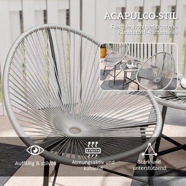 Набір садових меблів на 3 місця: 2 стільці з ротангу, стіл зі скляною стільницею, сталевий каркас. Чудовий вибір для відпочинку на свіжому повітрі! (Сірий колір)