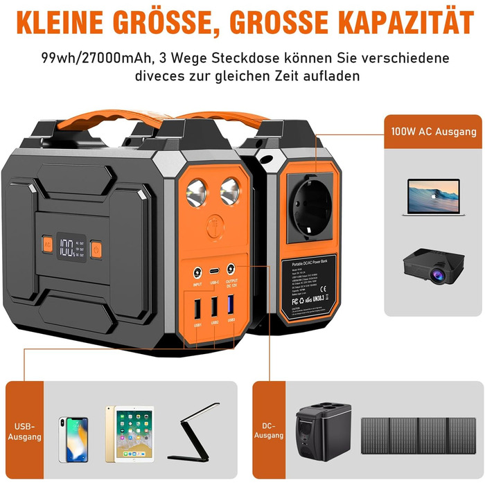 Повербанк Powkey з сонячною панеллю 99Wh/27000mAh, 40W, 100W, 230V AC, USB-A/USB-C, для кемпінгу, чорно-помаранчевий R100+YT40