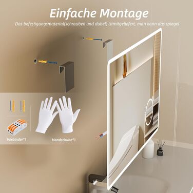 Дзеркало для ванної кімнати HySail з підсвічуванням, 5 мм, висока роздільна здатність, срібне покриття, 3 колірні температури, регульована яскравість, антизапар, сенсорне керування, прямокутне (3 кольори + регулювання + дзеркало для макіяжу + годинник, 80