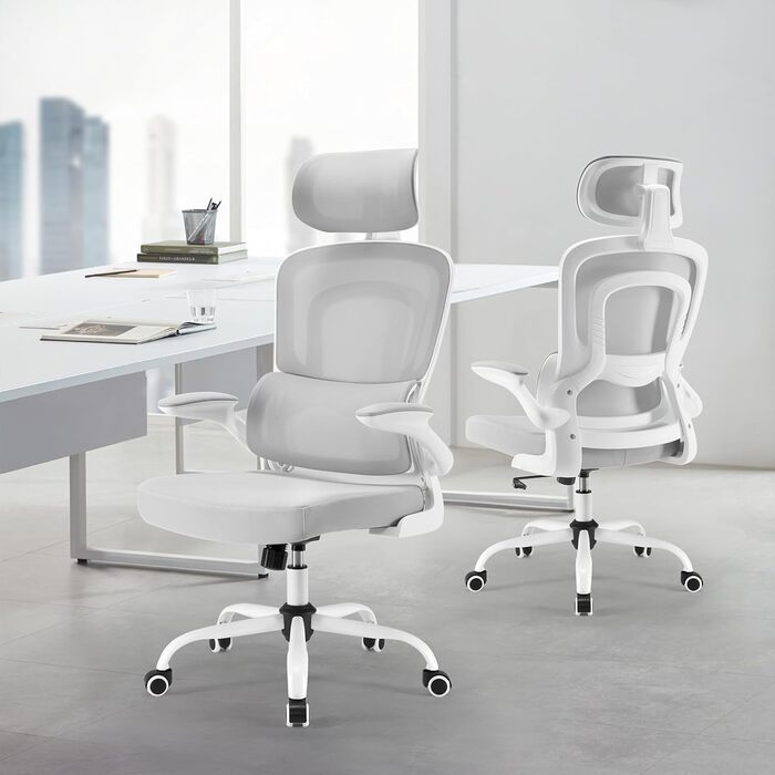 Ергономічне крісло Farini для офісу та дому: регульоване, з підголівником, сіро-біле. Ідеально для роботи за комп'ютером та в home office.