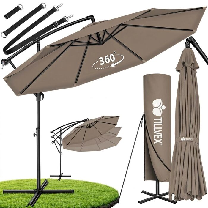 Садова парасолька Tillvex Alu 300 см, Cappuccino: підвісна парасолька-ампеля з кривопотом, стійкою та захистом від вітру, водонепроникна, UV-захист, алюмінієва