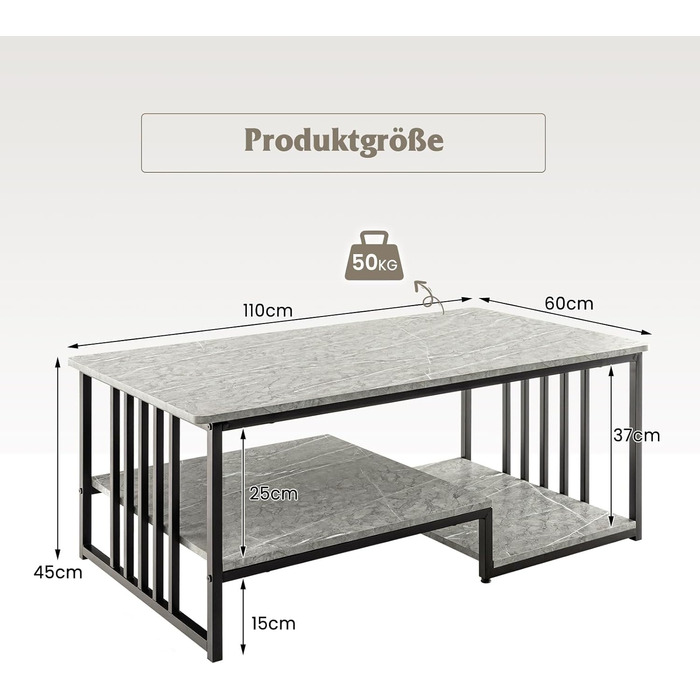 Журнальний столик COSTWAY, мармуровий вигляд і метал, 2 полиці, 110x60x45 см, сірий