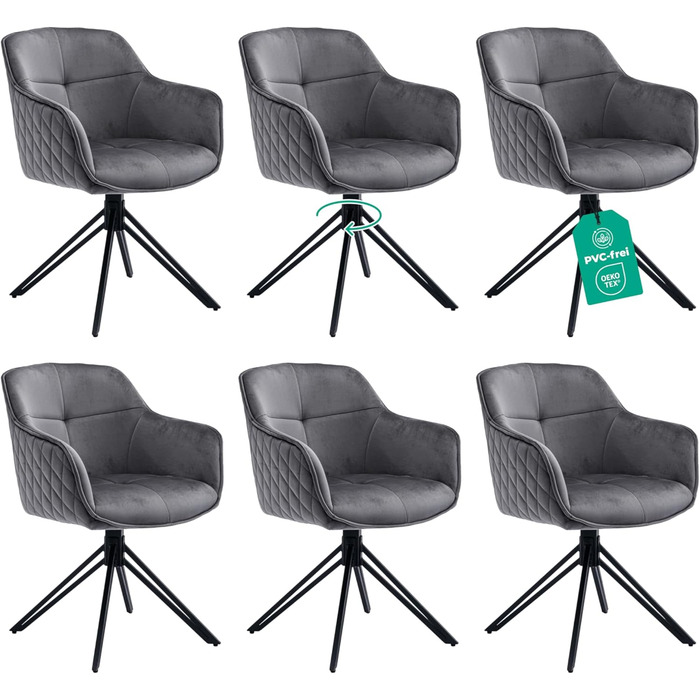 Обідні стільці (набір 6) сірого кольору з пружинним блоком, поворотні, з оксамитовим покриттям, високий рівень комфорту, ретро-стиль, легка збірка, без ПВХ, сертифікат Oeko-TEX, доставка по Україні