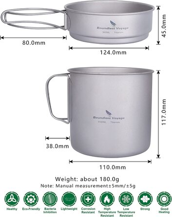 Набір посуду iBasingo Titan Becher Pfannen Set: 1100мл та 300мл для кемпінгу, туризму та пікніків. Легкий та компактний посуд з нержавіючої сталі з ручками-складанням. Набір для однієї людини Ti2053C