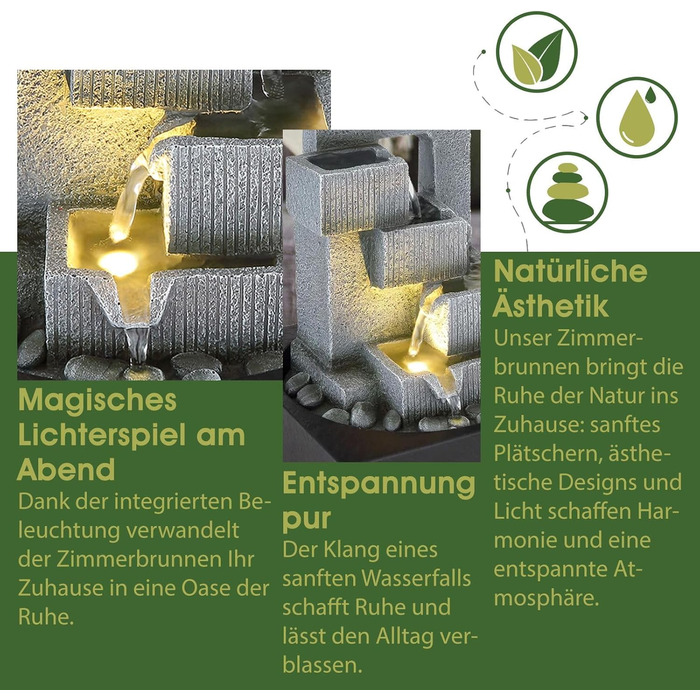 Декоративний фонтанчик для дому з підсвіткою, сірий, 5-рівневий