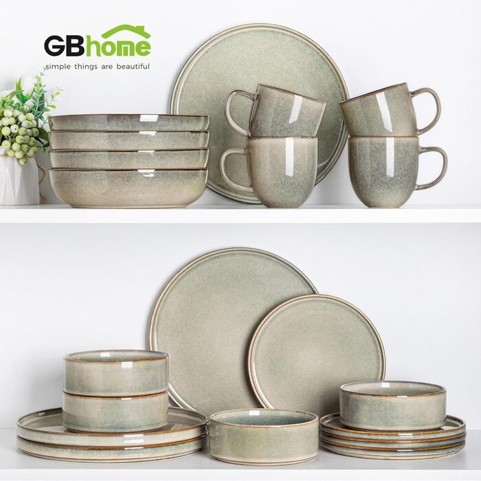 Набір посуду GBHOME 12 шт. з реактивної глазурі (12 шт.) - Тарілки та миски, чорно-оливковий, стійкий до сколів, для миття в посудомийній машині та використання в мікрохвильовці