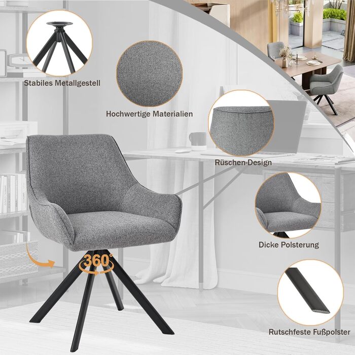 Обідні стільці поворотні, комплект 2 шт. з підлокітниками, світло-сірий льон. Сучасні поворотні стільці для кухні, вітальні, офісу. Металевий каркас, м'яке сидіння, підходить для їдальні, вітальні, офісу, колір: коричневий.