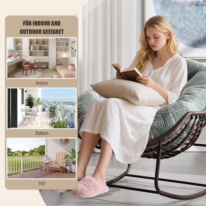 Крісло-гойдалка LIFEISLE з ротангу, крісло-шезлонг для дому та саду, крісло-гойдалка у формі яйця для вітальні, балкону, саду, на вулиці та в приміщенні, Cord White, білий (тканина Cord, світло-зелений)