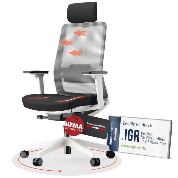 Yaasa Chair Plus: Ергономічне офісне крісло з підголівником, 2D-підтримкою спини та 4D-підлокітниками - Біле, Pro. Переможець тесту! До 150 кг.