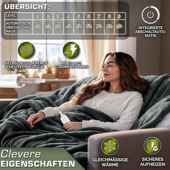 Електрична гріюча ковдра 200x180 см сірого кольору | з таймером та 9 рівнями нагріву | Плюшева ковдра, пральна до 40°C, цифровий дисплей