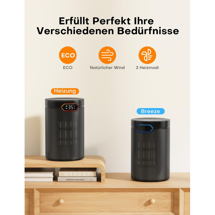 Електричний обігрівач QEXREED 1500W з PTC, ECO-режимом, 4 режими нагріву, вентилятором, термостатом, таймером, пультом керування, захистом від перегріву та перекидання, портативний та тихий, для дому та офісу