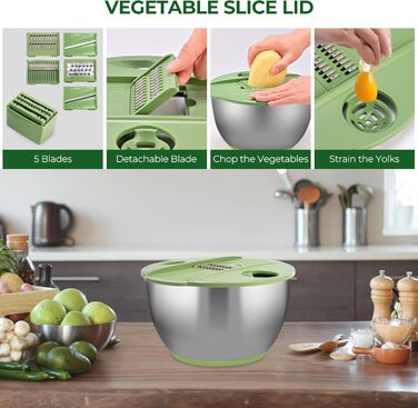 Салатниця-центрифуга з нержавіючої сталі SUSTEAS з 5 лезами, велика миска для миття овочів та фруктів, сушка для салату та зелені
