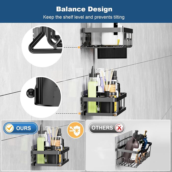 Настінна полиця для душу YEAUPE PRO з 3 ярусами – органайзер для ванної кімнати без свердління, для скляної душової кабіни, з 2 присосками, 6 гачками, міцний металевий, 78 см, до 18 кг, чорний