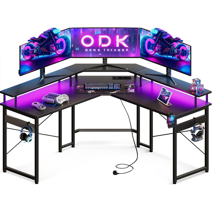 Ігровий стіл ODK 129x129 см з LED підсвічуванням, 2 розетки та USB зарядкою, стіл для ПК, комп'ютерний стіл, колір: чорний вуглеволокно