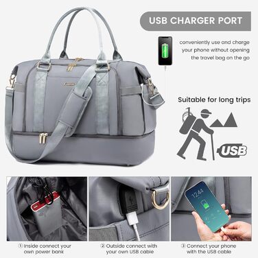 Спортивна сумка LOVEVOOK для подорожей, жіноча дорожня сумка Weekender з косметичкою, відділенням для взуття та мокрих речей, водонепроникна, 37L, сіра