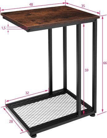 Приставний столик tectake C-подібний з дерева та металу, промисловий дизайн, журнальний столик з решіткою, 48 х 35 х 66 см, чорний металевий каркас (індустріальний темно-коричневий)